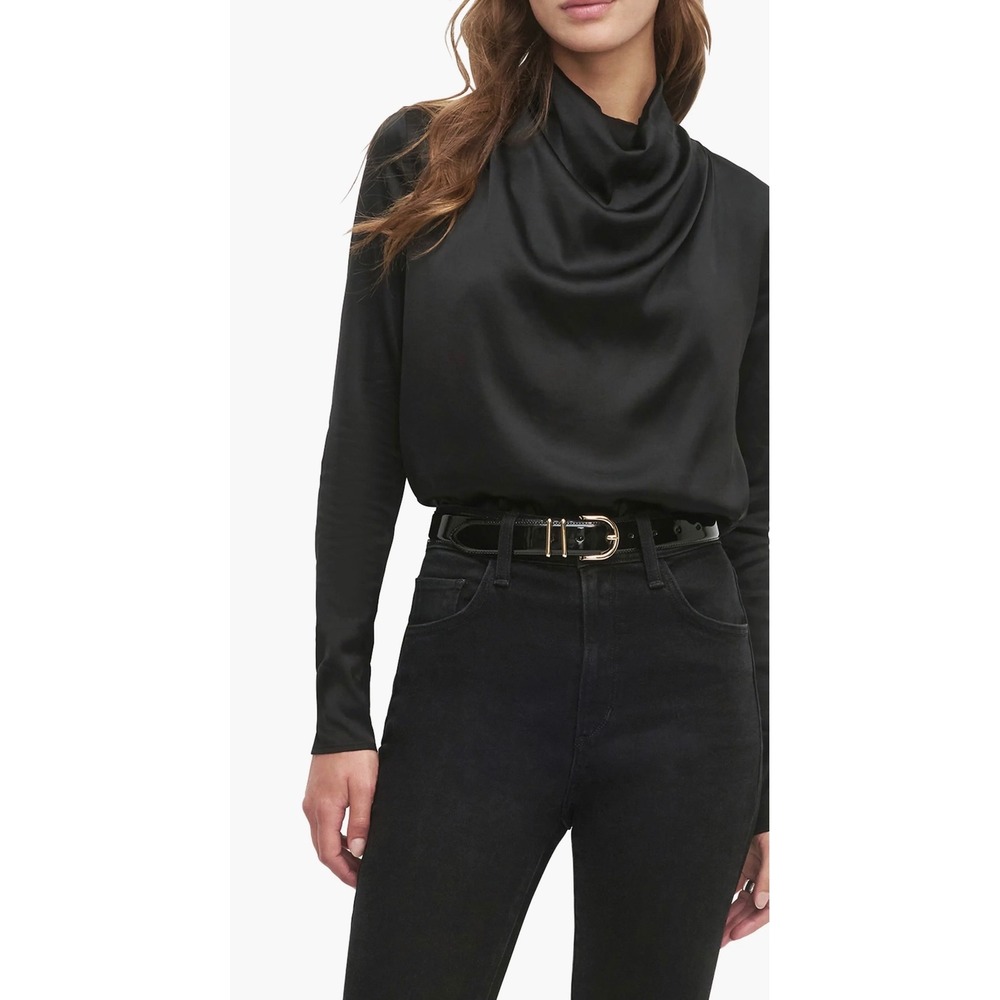 Favorite Daughter Black Satin Cowl Neck Long Sleeve Blouse Top XS